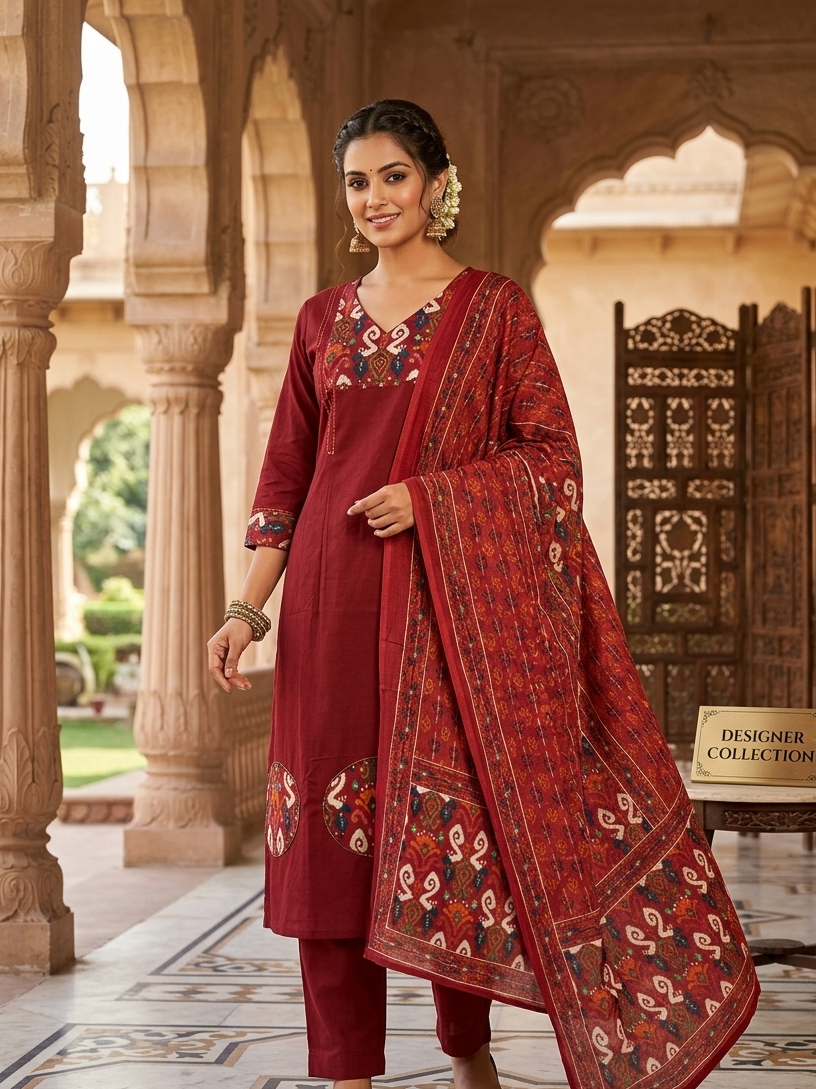Crimson Cambric Cotton Dupatta Set