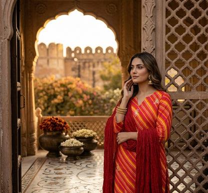 Gulabi Leheriya Dupatta Set