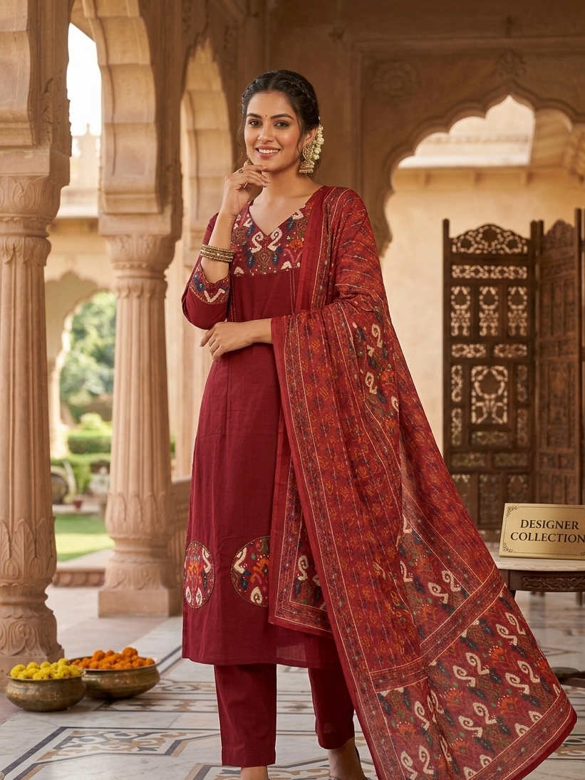 Crimson Cambric Cotton Dupatta Set