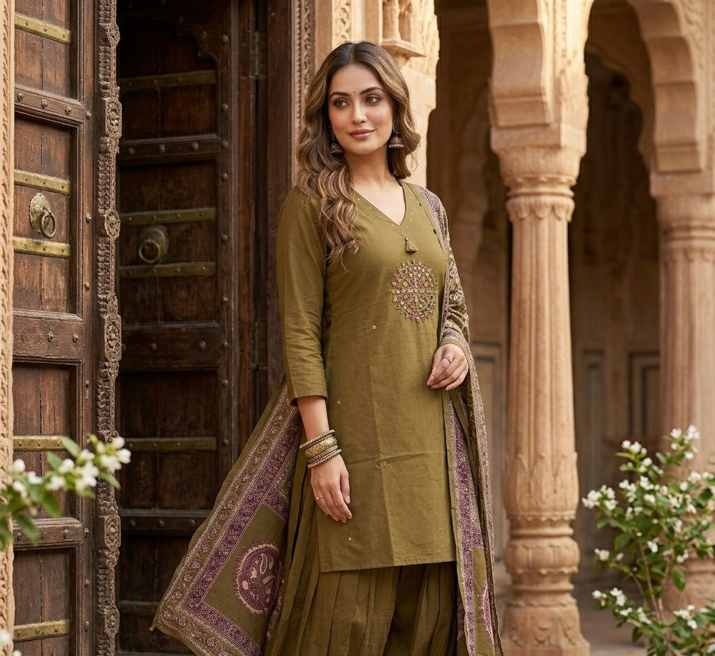Imperial Olive Mirror-Work Farsi Salwar Set
