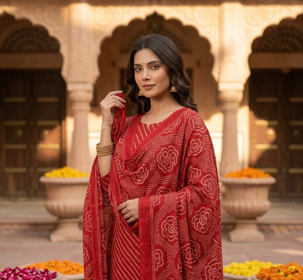Leheriya Bandhani Lined Dupatta Set with Skirt
