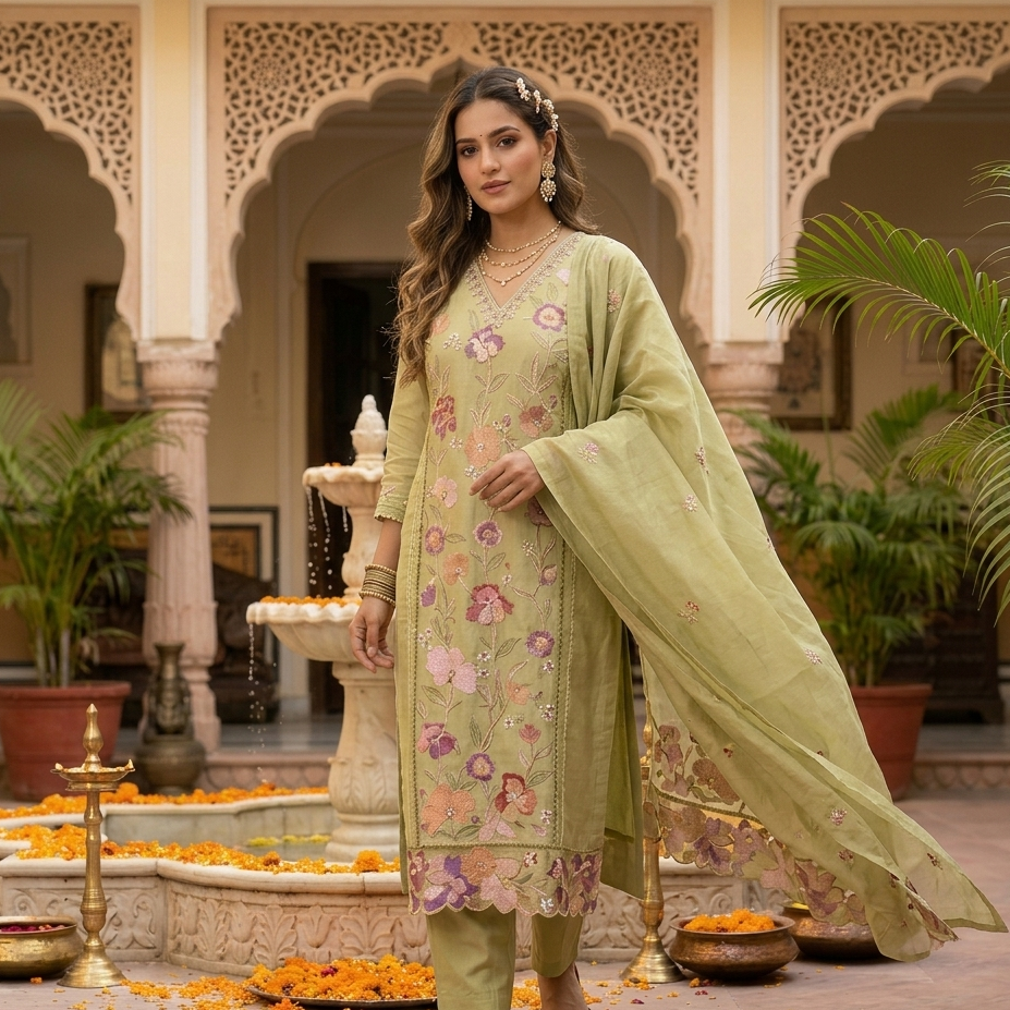 Meadow Blossom Dupatta Set With 3D Embroidery