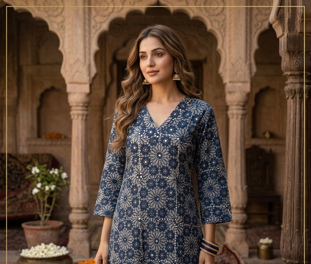 Handblock Flower Long Kurti