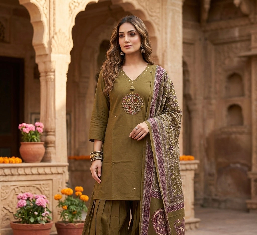 Imperial Olive Mirror-Work Farsi Salwar Set