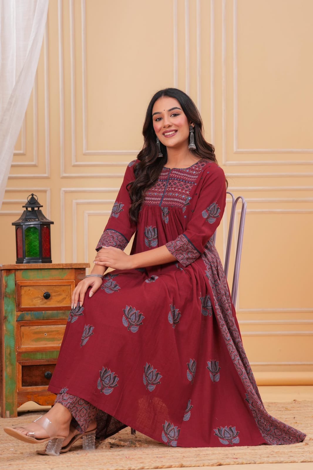 Lotus Print Cotton Flared Anarkali Kurti Set