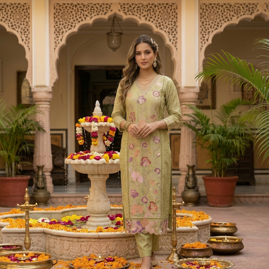Meadow Blossom Dupatta Set With 3D Embroidery