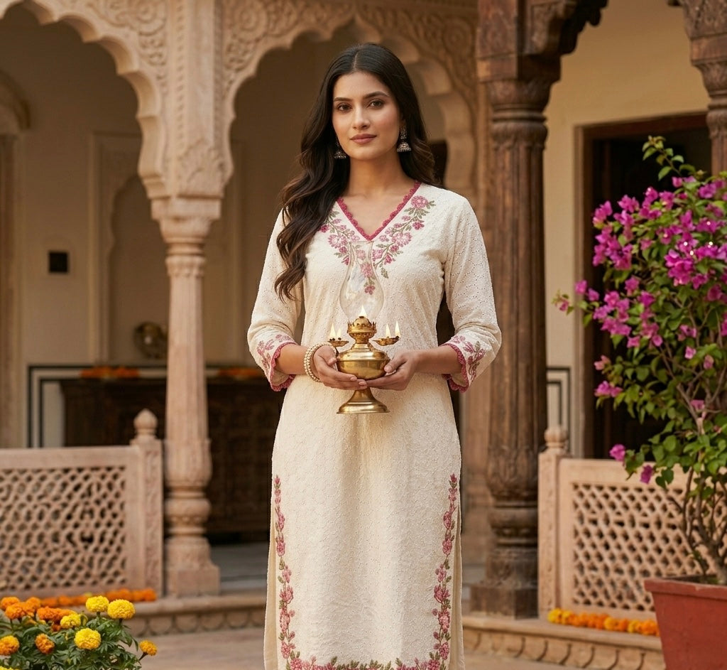 White Chickenkaari Kurti Set