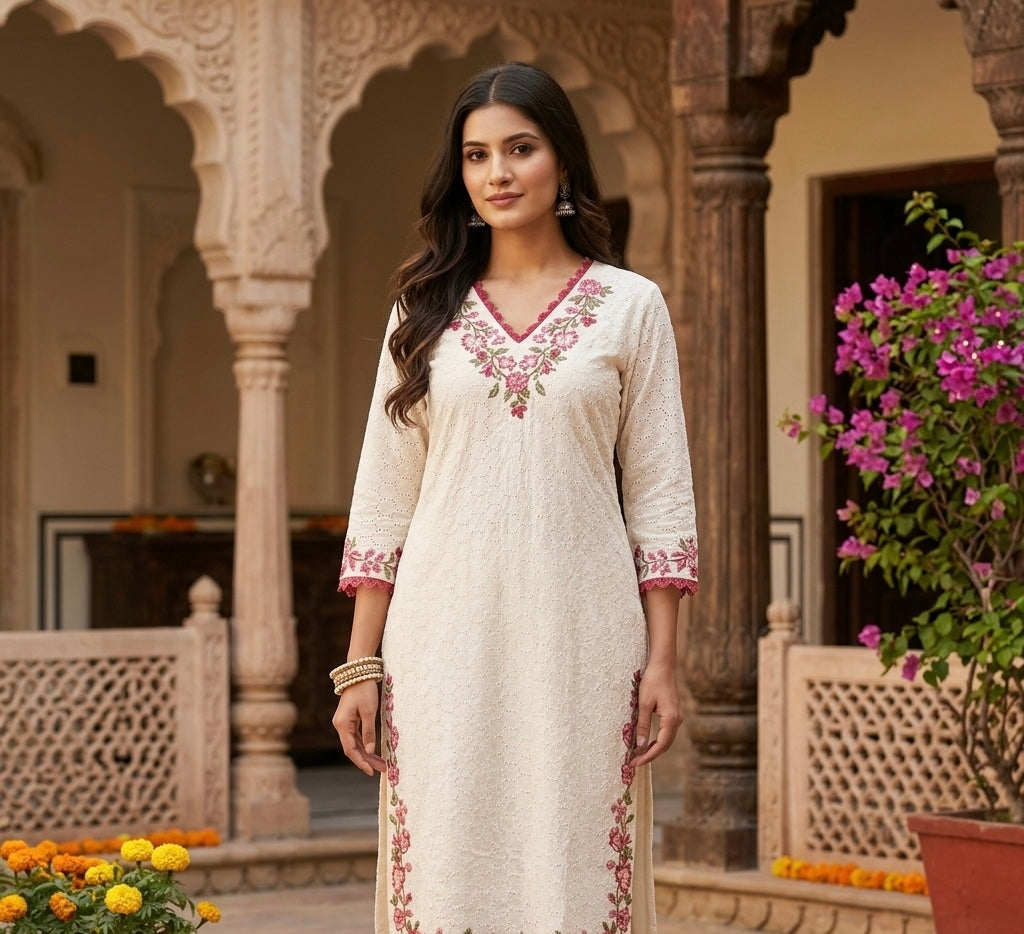 White Chickenkaari Kurti Set