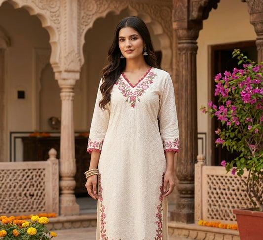 White Chickenkaari Kurti Set