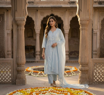 Pastel Coloured Thread Embroidered Dupatta Set