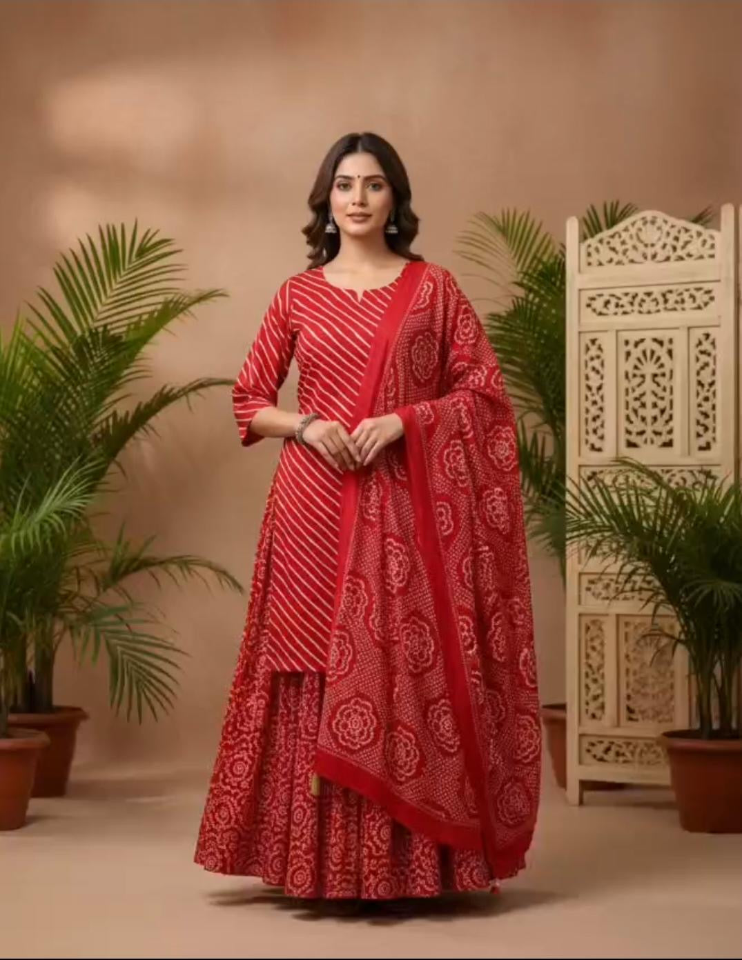 Leheriya Bandhani Lined Dupatta Set with Skirt