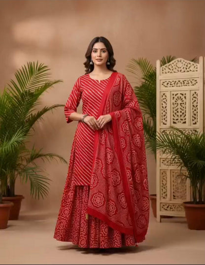 Leheriya Bandhani Lined Dupatta Set with Skirt