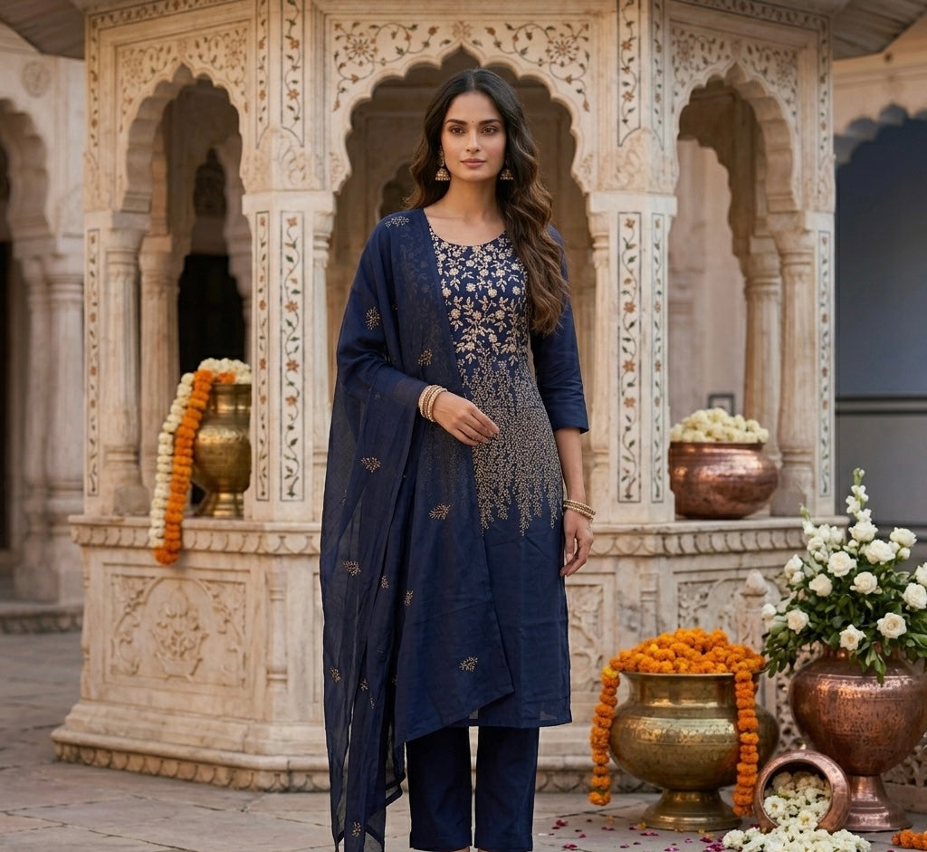 Spring Cambric Cotton Thread Embroidered Dupatta Set