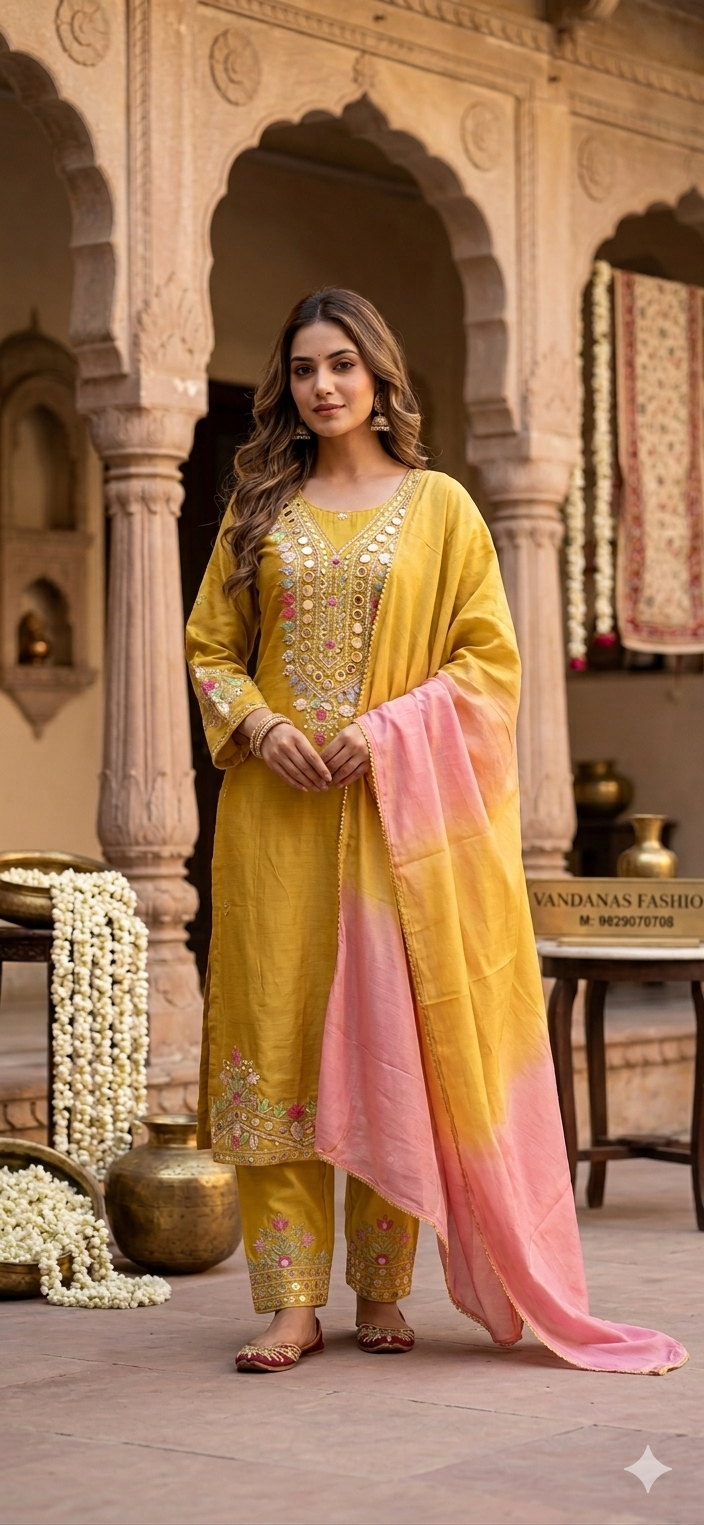 Yellow Gradient Mirror Dupatta Set