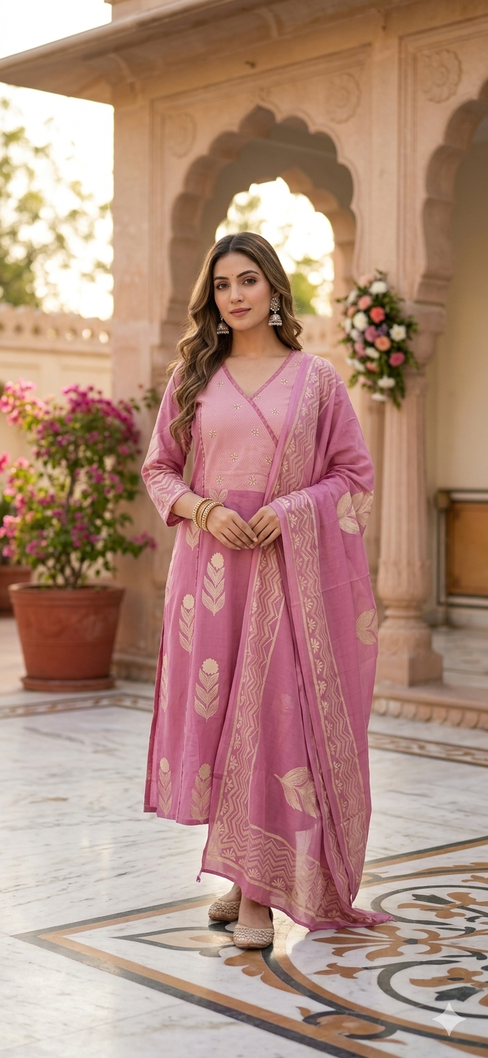 Pink ZigZag Dupatta Set