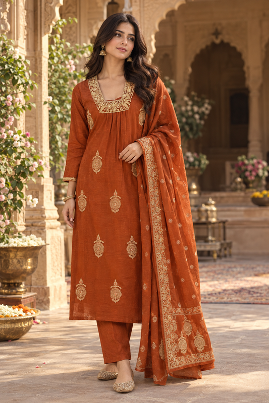 The Zaina Mulcotton Dupatta Set With Zari Embroidery