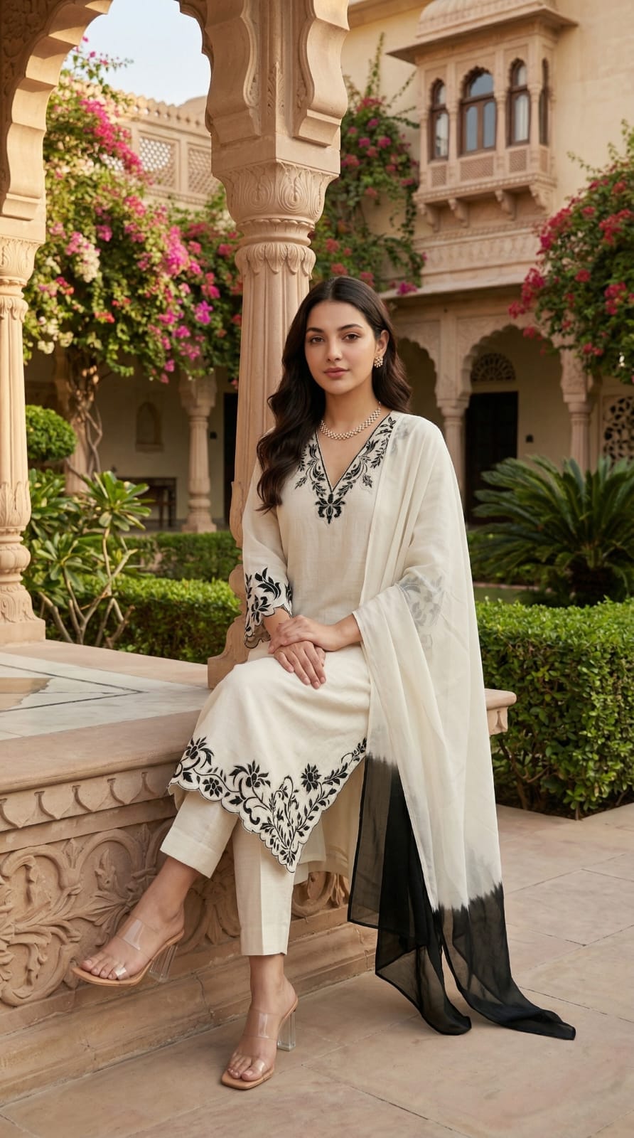 White Dyore Dupatta Set