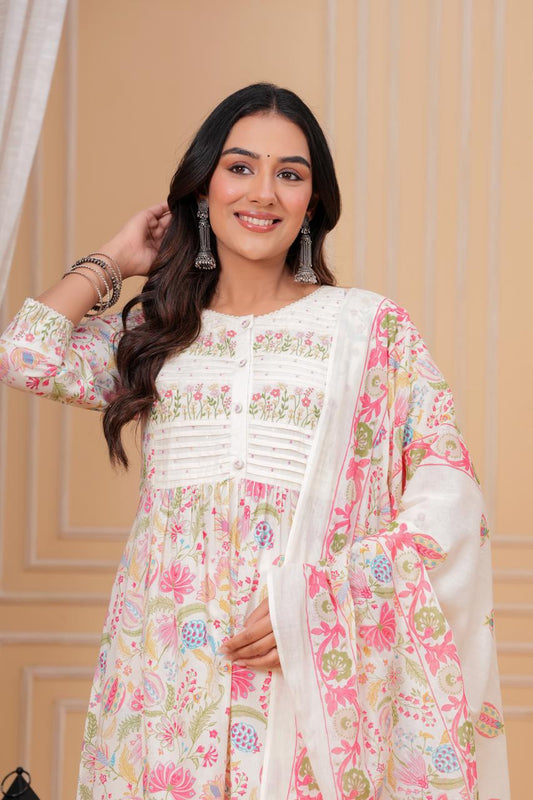 Pink Off Multi Phool Dupatta Set